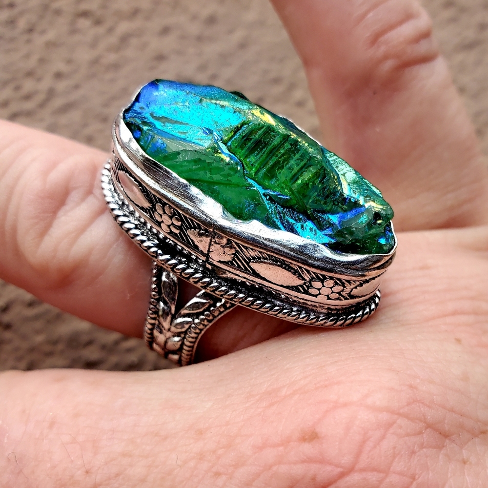 New Green Titanium Crystal 925 Silver Ring.